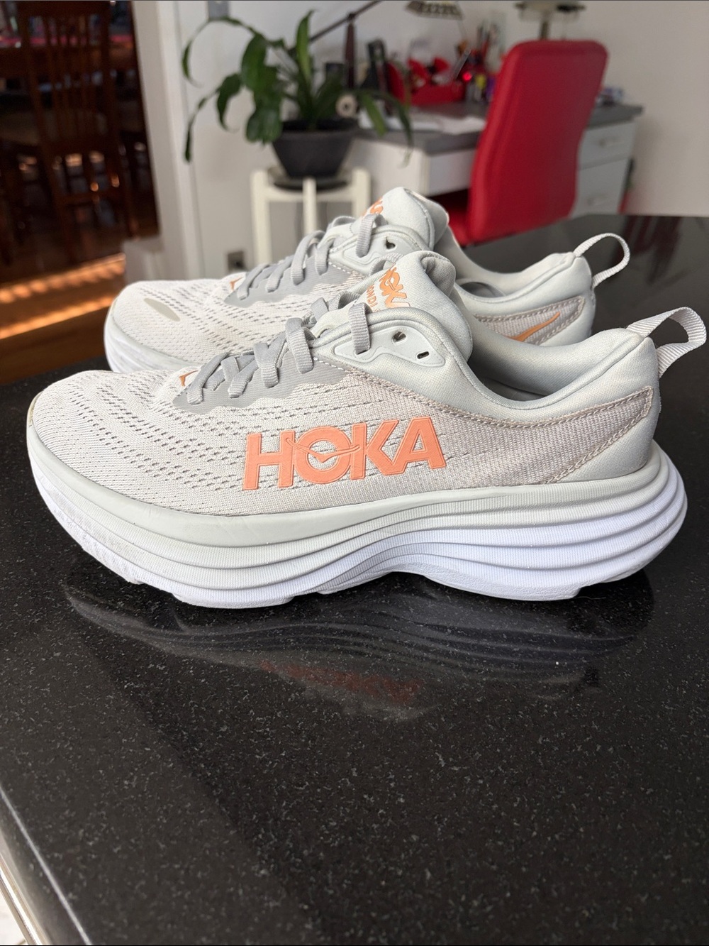 Hoka Women's Light Gray Running Shoes with Peach Logo - Picture 3 of 8